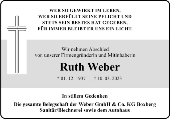 Traueranzeige von Ruth Weber von Fränkische Nachrichten