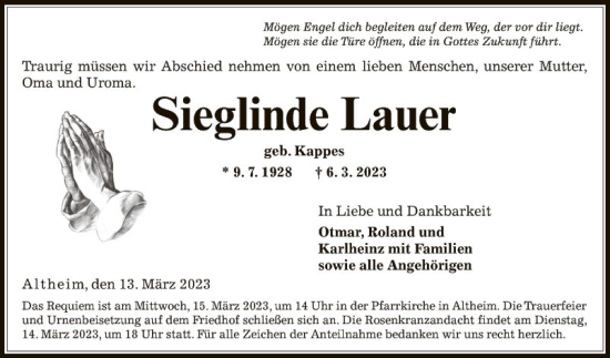 Traueranzeige von Sieglinde Lauer von Fränkische Nachrichten