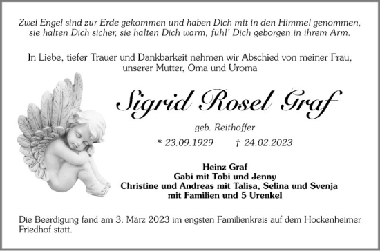 Traueranzeige von Sigrid Rosel Graf von Schwetzinger Zeitung