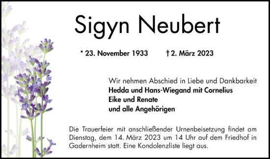 Traueranzeige von Sigyn Neubert von Bergsträßer Anzeiger