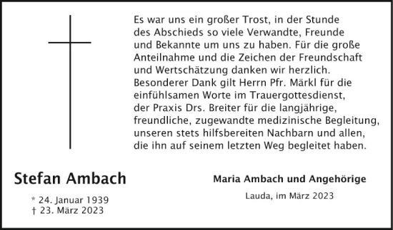 Traueranzeige von Stefan Ambach von Fränkische Nachrichten