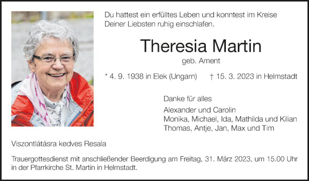  Traueranzeige für Theresia Martin vom 18.03.2023 aus Fränkische Nachrichten