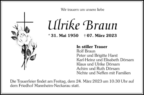 Traueranzeige von Ulrike Braun von Mannheimer Morgen