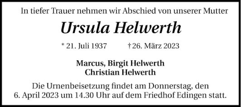  Traueranzeige für Ursula Helwerth vom 01.04.2023 aus Mannheimer Morgen
