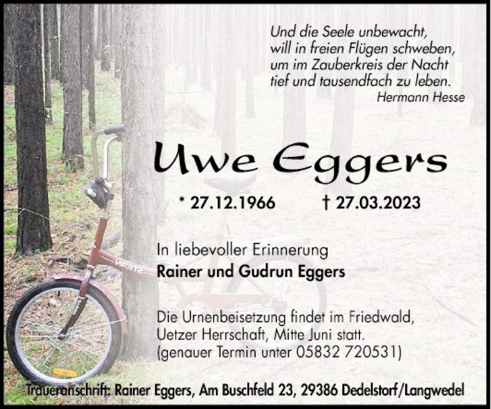 Traueranzeige für Uwe Eggers vom 01.04.2023 aus Mannheimer Morgen