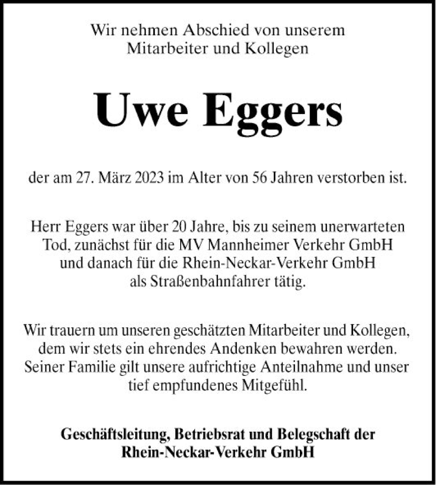  Traueranzeige für Uwe Eggers vom 01.04.2023 aus Mannheimer Morgen