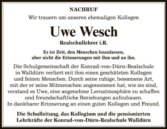 Traueranzeige von Uwe Wesch von Fränkische Nachrichten