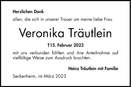 Traueranzeige von Veronika Träutlein von Mannheimer Morgen