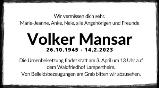 Traueranzeige von Volker Mansar von Mannheimer Morgen