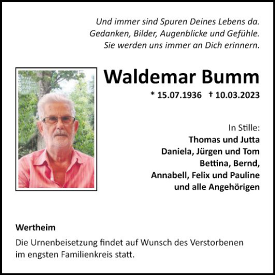 Traueranzeige von Waldemar Bumm von Fränkische Nachrichten