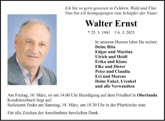 Traueranzeige von Walter Ernst von Fränkische Nachrichten