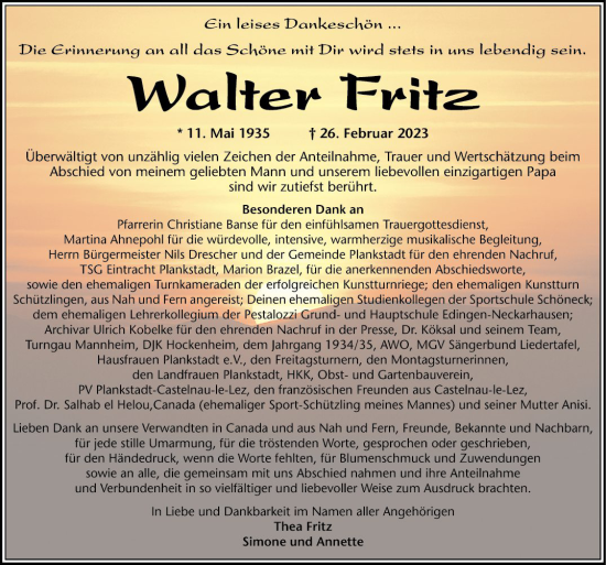 Traueranzeige von Walter Fritz von Schwetzinger Zeitung