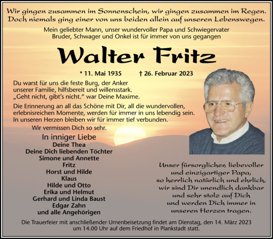 Traueranzeige von Walter Fritz von Schwetzinger Zeitung