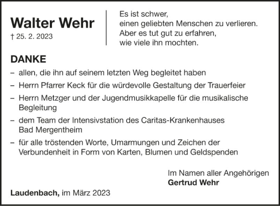 Traueranzeige von Walter Wehr von Fränkische Nachrichten