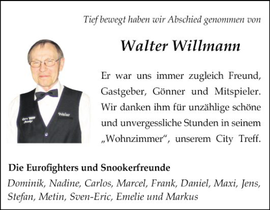 Traueranzeige von Walter Willmann von Fränkische Nachrichten