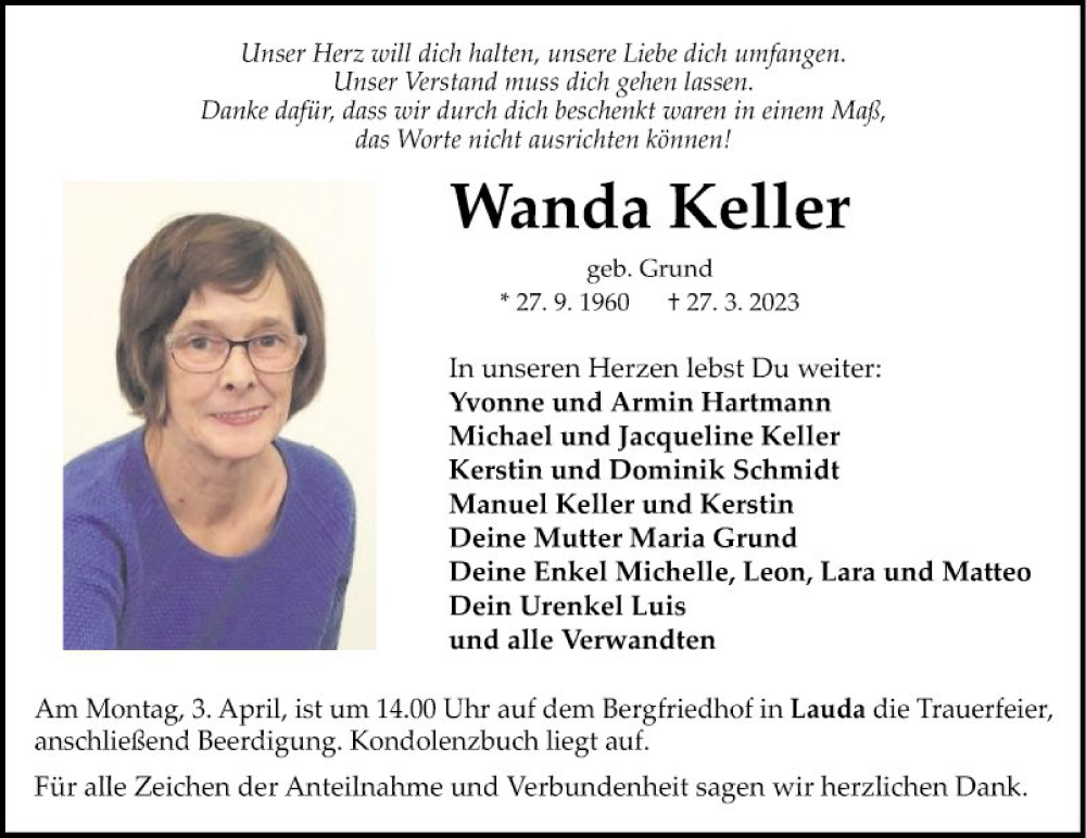  Traueranzeige für Wanda Keller vom 30.03.2023 aus Fränkische Nachrichten