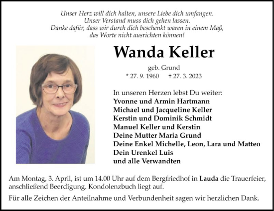 Traueranzeige von Wanda Keller von Fränkische Nachrichten