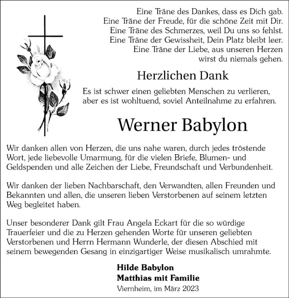  Traueranzeige für Werner Babylon vom 18.03.2023 aus Mannheimer Morgen