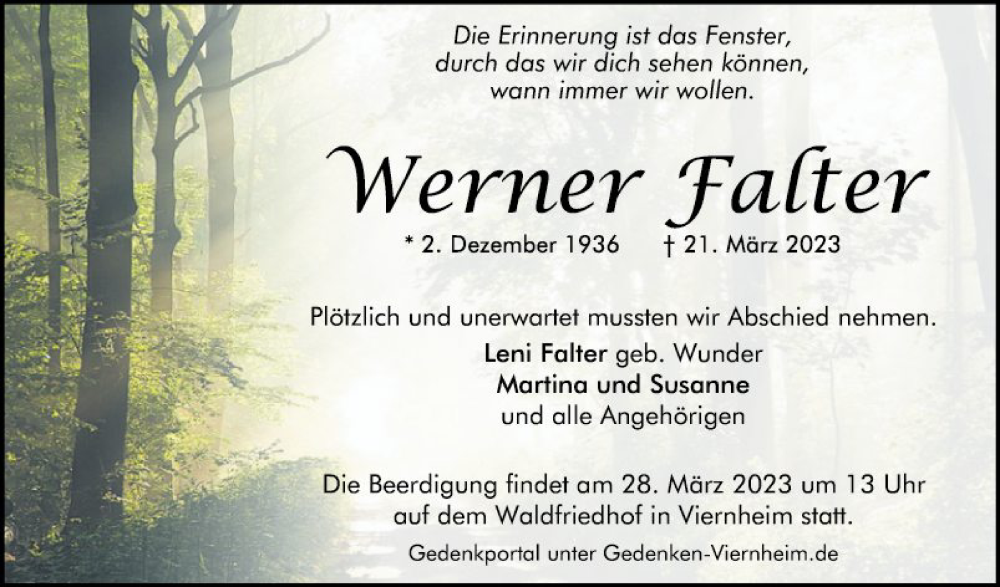  Traueranzeige für Werner Falter vom 25.03.2023 aus Mannheimer Morgen