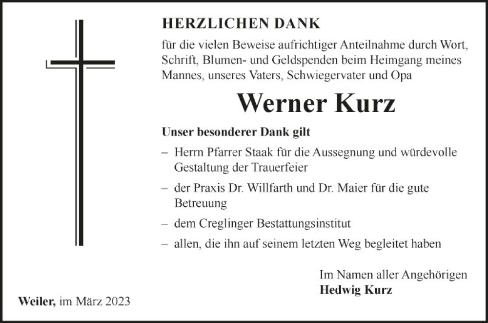  Traueranzeige für Werner Kurz vom 31.03.2023 aus Fränkische Nachrichten