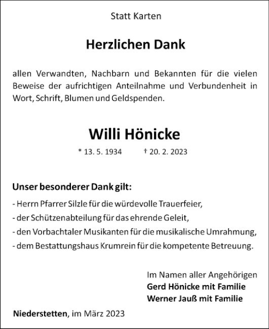 Traueranzeige von Willi Hönicke von Fränkische Nachrichten