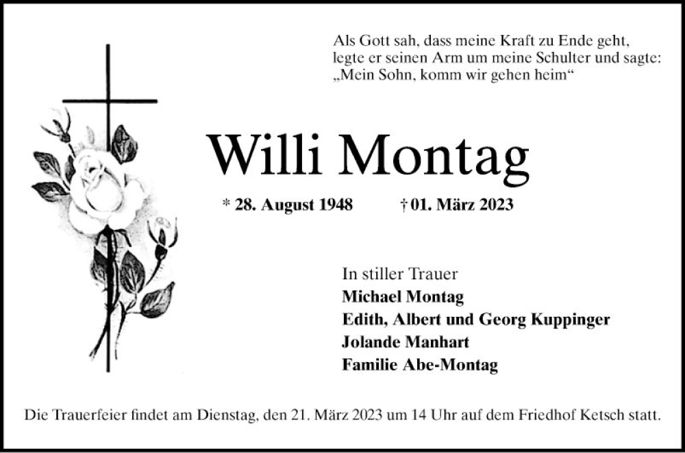  Traueranzeige für Willi Montag vom 11.03.2023 aus Schwetzinger Zeitung