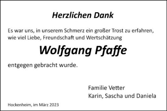 Traueranzeige von Wolfgang Pfaffe von Schwetzinger Zeitung