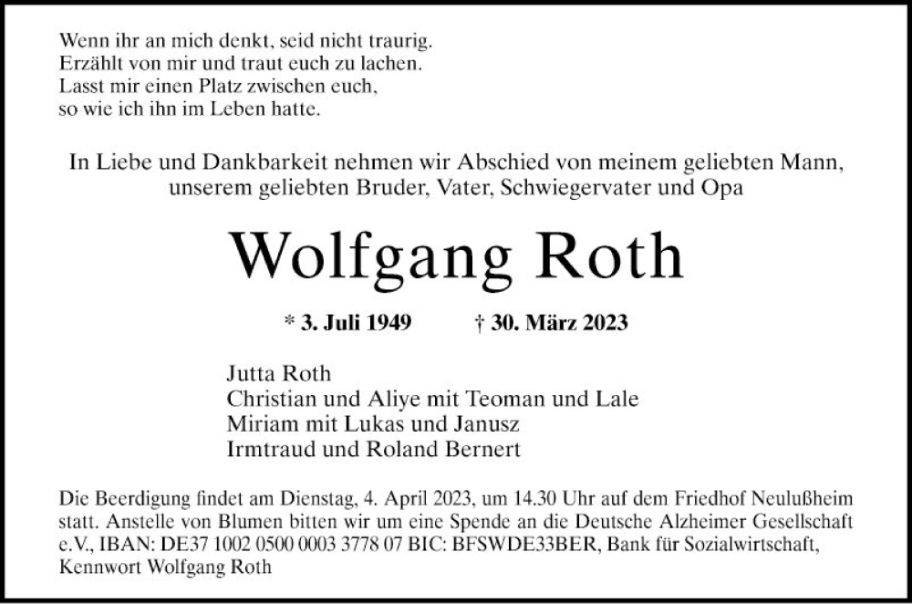  Traueranzeige für Wolfgang Roth vom 01.04.2023 aus Schwetzinger Zeitung