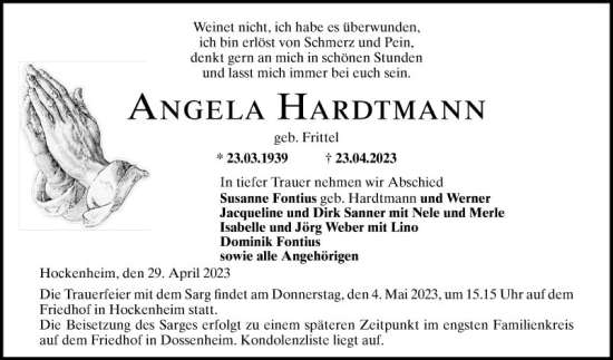 Traueranzeige von Angela Hardtmann von Schwetzinger Zeitung