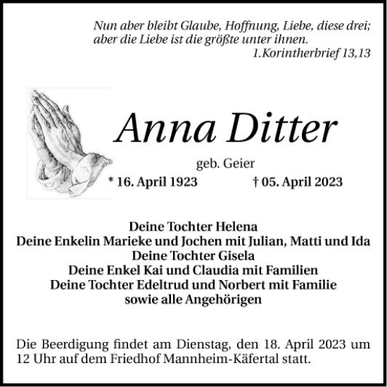 Traueranzeige von Anna Ditter von Mannheimer Morgen