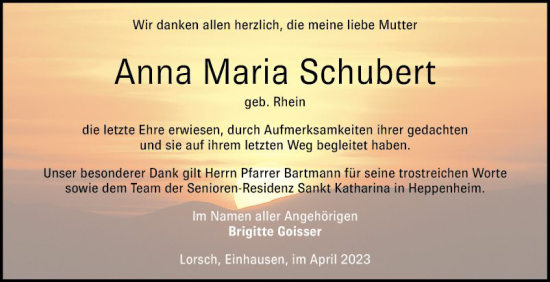 Traueranzeige von Anna Maria Schubert von Bergsträßer Anzeiger