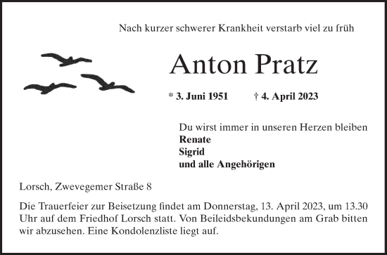 Traueranzeige von Anton Pratz von Bergsträßer Anzeiger