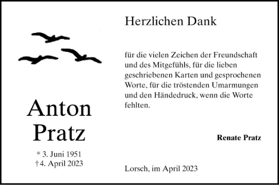 Traueranzeige von Anton Pratz von Bergsträßer Anzeiger