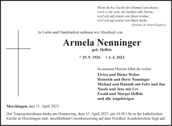 Traueranzeige von Armela Nenninger von Fränkische Nachrichten