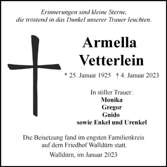 Traueranzeige von Armella Vetterlein von Fränkische Nachrichten