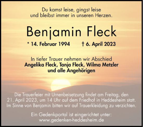 Traueranzeige von Benjamin Fleck von Mannheimer Morgen