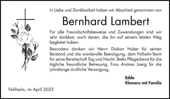 Traueranzeige von Bernhard Lambert von Bergsträßer Anzeiger