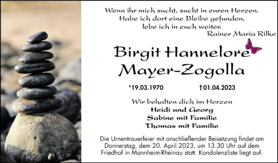 Traueranzeige von Birgit Hannelore Mayer-Zogolla von Mannheimer Morgen