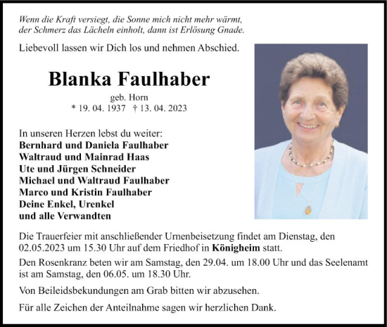 Traueranzeige von Blanka Faulhaber von Fränkische Nachrichten