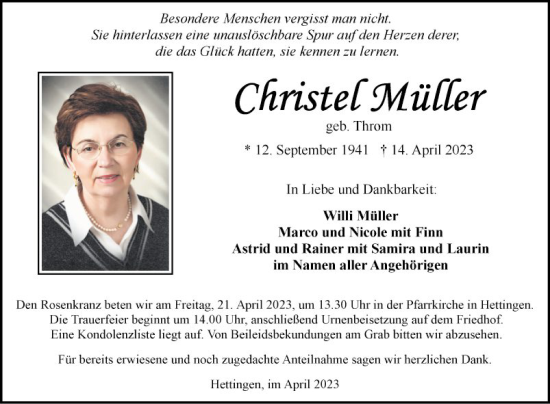 Traueranzeige von Christel Müller von Fränkische Nachrichten