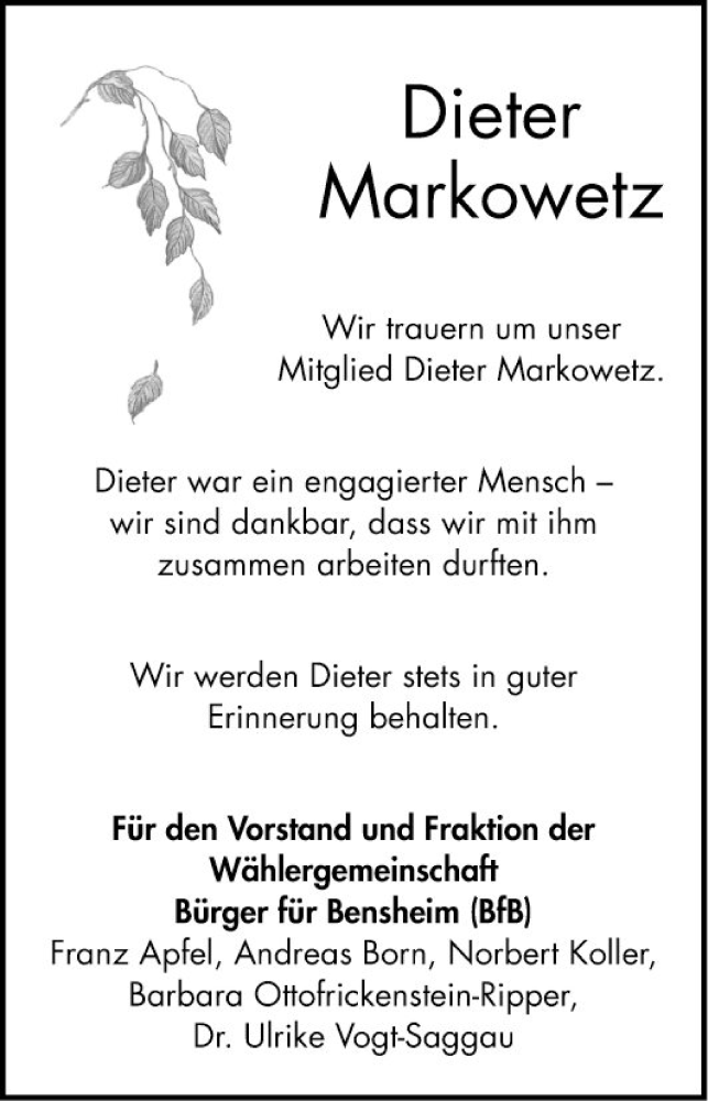  Traueranzeige für Dieter Markowetz vom 05.04.2023 aus Bergsträßer Anzeiger