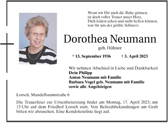 Traueranzeige von Dorothea Neumann von Bergsträßer Anzeiger