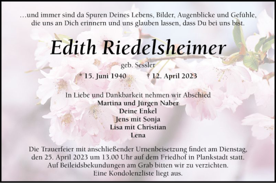 Traueranzeige von Edith Riedeisheimer von Schwetzinger Zeitung