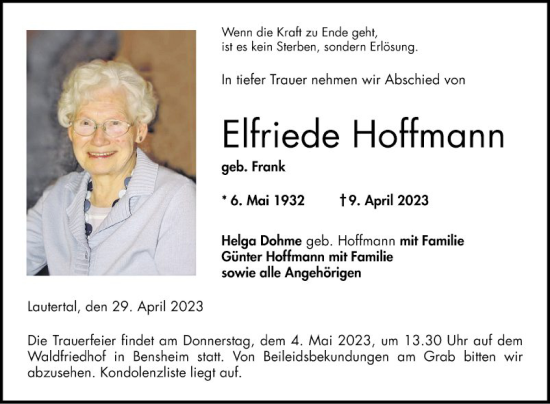 Traueranzeige von Elfriede Hoffmann von Bergsträßer Anzeiger