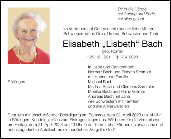 Traueranzeige von Elisabeth Bach von Fränkische Nachrichten