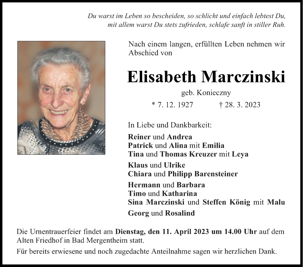  Traueranzeige für Elisabeth Marczinski vom 08.04.2023 aus Fränkische Nachrichten