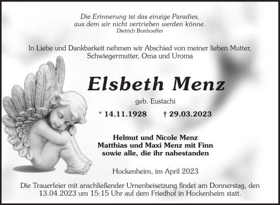 Traueranzeige von Elsbeth Menz von Schwetzinger Zeitung