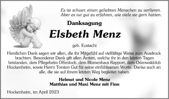 Traueranzeige von Elsbeth Menz von Schwetzinger Zeitung