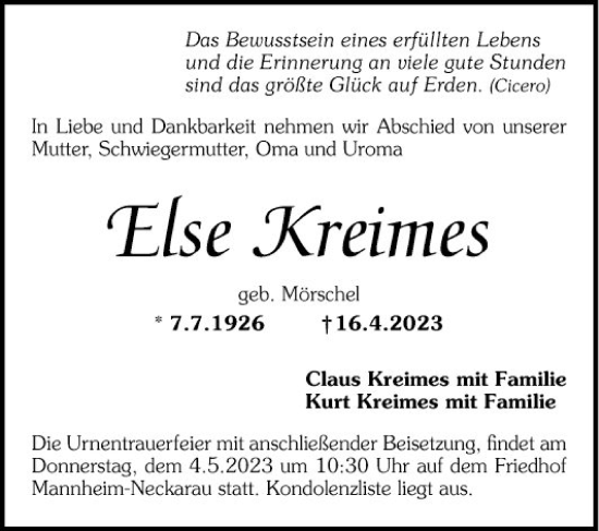 Traueranzeige von Else Kreimes von Mannheimer Morgen