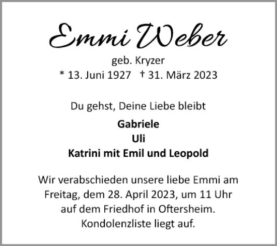 Traueranzeige von Emmi Weber von Schwetzinger Zeitung